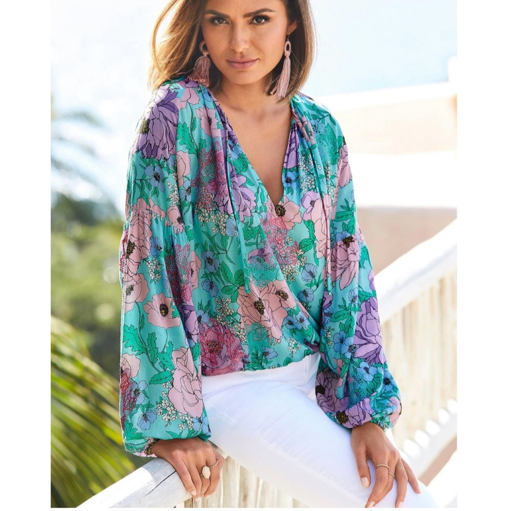 Boston Proper Peony Garden Print Embroidered Peasant Blouse